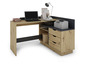 Un bureau en bois avec un ordinateur portable, une imprimante et des tiroirs.
