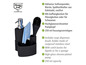Distributeur de savon noir, brosse et porte-éponge en acier inoxydable.