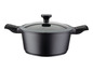 Une casserole noire avec un couvercle en verre