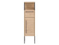 Une armoire en bois avec un tiroir et une porte, sur des pieds en métal.