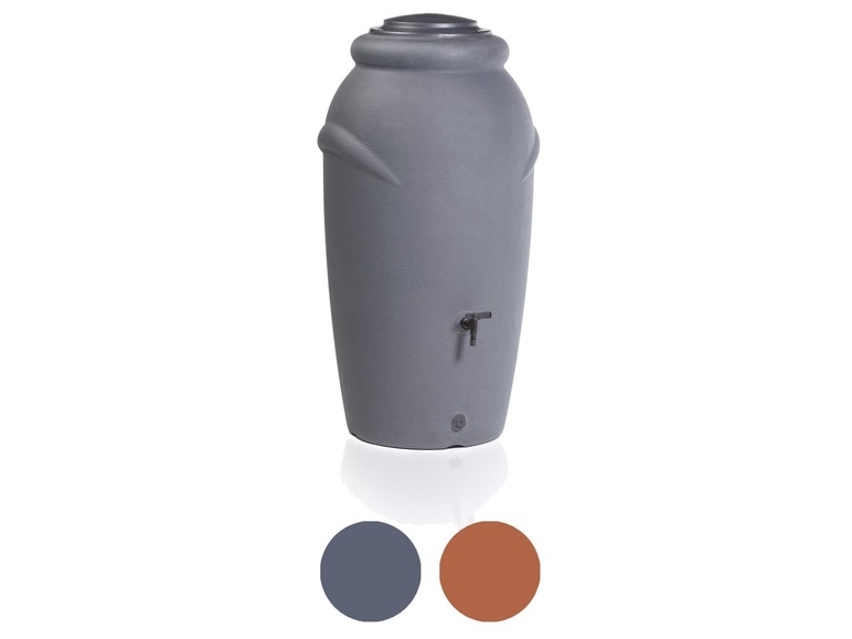 Un récupérateur d'eau de pluie gris avec un robinet