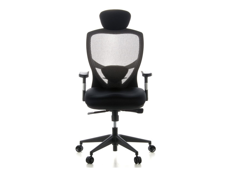 Un fauteuil de bureau noir avec un dossier en maille et des accoudoirs.