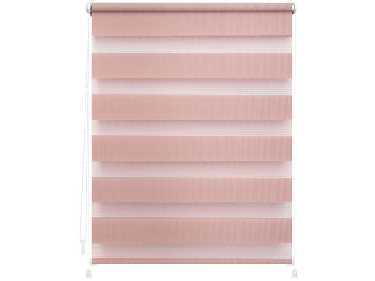 Un store enrouleur rose avec des lames horizontales.