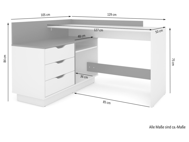 Un bureau d'angle blanc avec trois tiroirs et une étagère, avec dimensions.