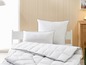 Une couette blanche et deux oreillers sur un lit.
