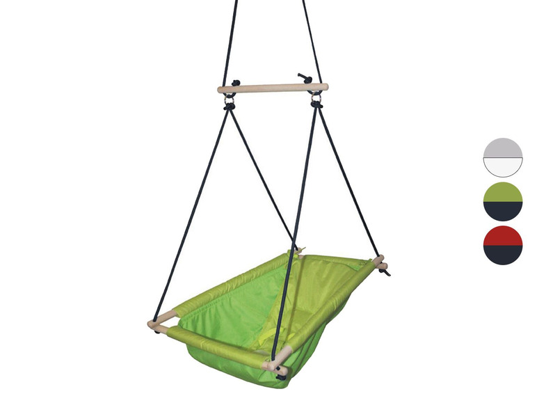 Une balançoire verte pour enfants avec des lattes en bois.