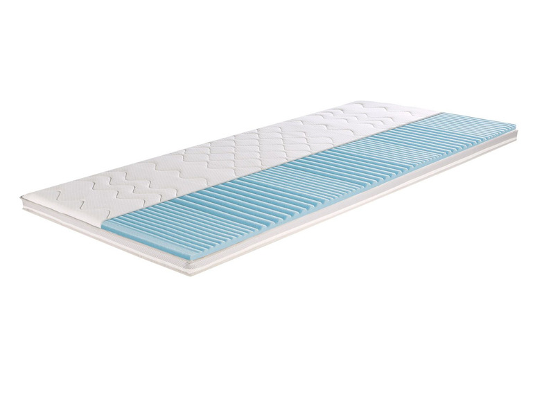 Un matelas blanc avec une couche de mousse bleue.