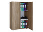 Une armoire en bois à deux portes, remplie de classeurs et de chaussures.