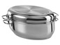 Une casserole ronde en acier inoxydable avec un couvercle.