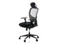 Un fauteuil de bureau noir avec un dossier en mesh et un appui-tête.