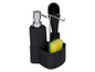 Distributeur noir, brosse et éponge dans un support pour la cuisine.