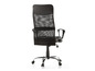 Chaise de bureau noire avec dossier en maille, accoudoirs et roulettes.