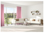 Un salon moderne avec un canapé d'angle blanc, des coussins et des rideaux roses.