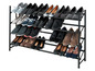 Un porte-chaussures noir avec différents types de chaussures, y compris des baskets, des escarpins et des sandales.