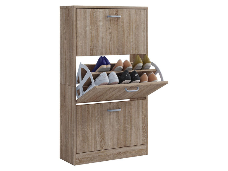 Une armoire à chaussures en bois avec des tiroirs et une étagère ouverte.