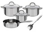 Un ensemble d'ustensiles de cuisine avec deux casseroles avec couvercle, une casserole sans couvercle et une spatule.