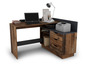 Un bureau en bois avec un ordinateur portable Dell, une imprimante et un espace de rangement.
