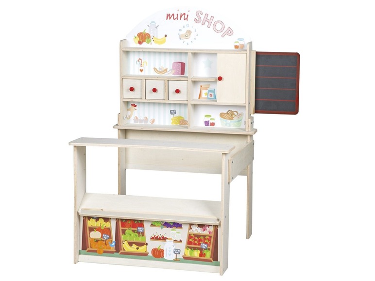 Magasin en bois pour enfants avec des fruits et des légumes.