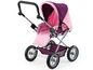 Une poussette de poupée rose et violette avec des roues.