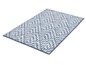 Un tapis de bain bleu avec un motif géométrique blanc.