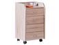 Une armoire en bois avec quatre tiroirs sur roulettes.