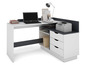 Bureau blanc avec ordinateur portable, imprimante et espace de rangement.