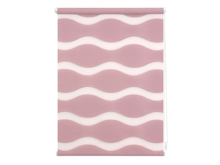 Un store enrouleur rose à motif ondulé.