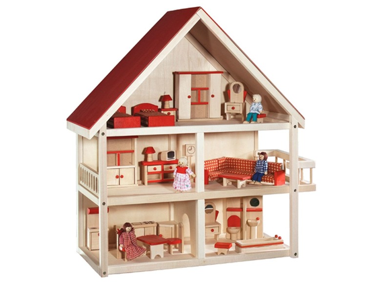 Une maison de poupée en bois avec un toit rouge et des meubles.