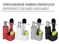 Quatre ensembles de distributeur de savon à vaisselle en rouge, blanc, gris et noir, avec brosse, éponge et support.
