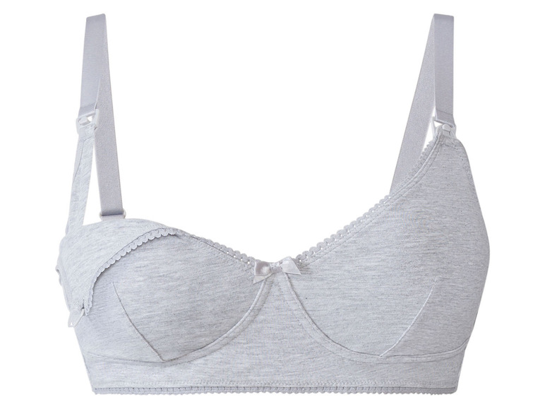 Un soutien-gorge d'allaitement gris rembourré avec des bretelles réglables.