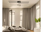 Une chambre à coucher moderne avec des rideaux gris, un lit avec une couverture en fourrure et un luminaire suspendu linéaire remarquable.