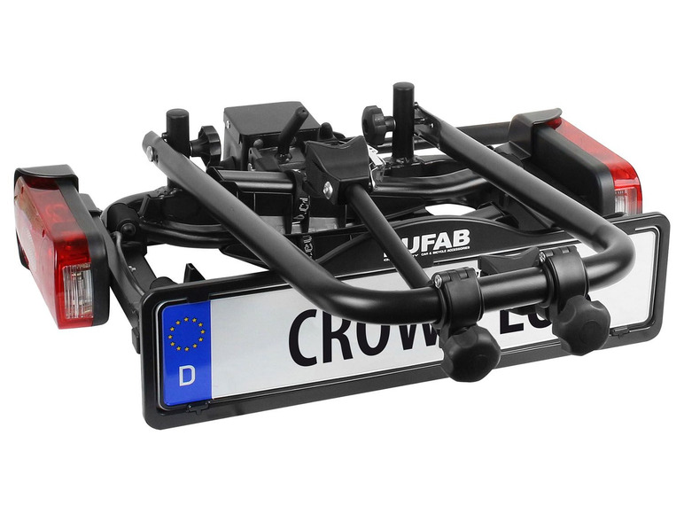 Un porte-vélos noir avec plaque d'immatriculation pour le hayon d'une voiture.