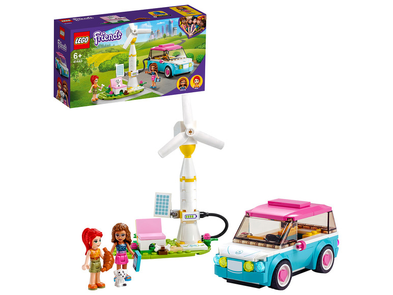 Set Lego Friends avec un moulin à vent, une voiture et deux poupées.