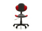 Un fauteuil de bureau noir avec des accents rouges et des roulettes.
