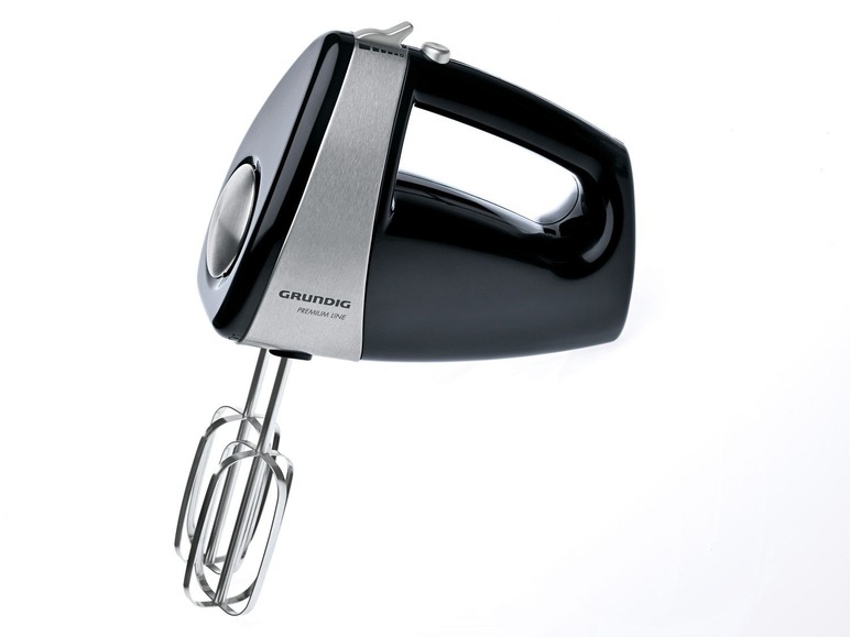 Un batteur sur socle noir Grundig avec des détails en acier inoxydable.