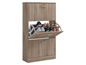 Une armoire à chaussures en bois avec des tiroirs et une étagère ouverte.