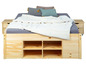 Un lit en bois avec rangement, des tables de chevet et une couette.