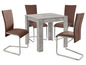 Une table carrée avec quatre chaises brunes avec une base en métal.