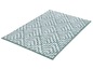 Un tapis de bain turquoise avec un motif géométrique blanc.