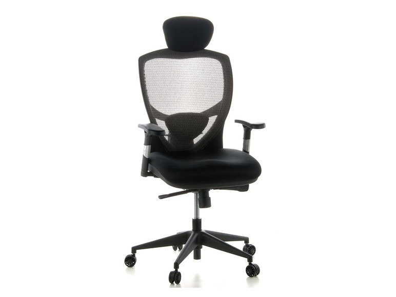 Chaise de bureau noire avec dossier en maille et roulettes.