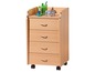 Une commode en bois avec quatre tiroirs sur roulettes, avec un appareil photo et des fournitures de bureau sur le dessus.