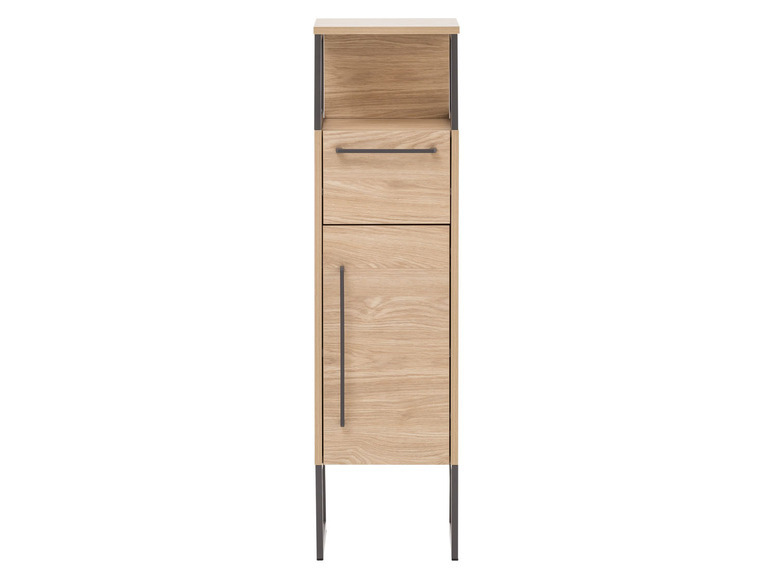 Une armoire en bois avec un tiroir et une porte, sur des pieds en métal.