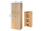 Une armoire en bois avec deux portes et une partie ouverte avec des étagères.