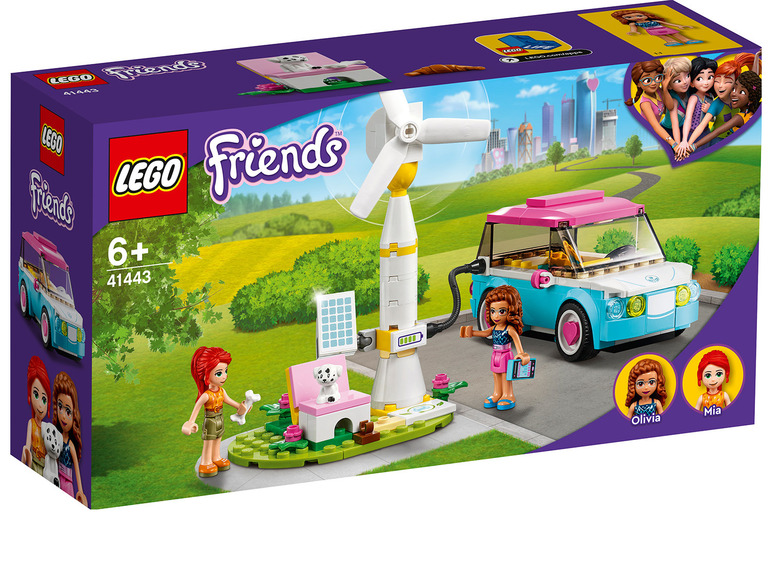 Ensemble Lego Friends avec une voiture, une éolienne et les poupées Olivia et Mia.