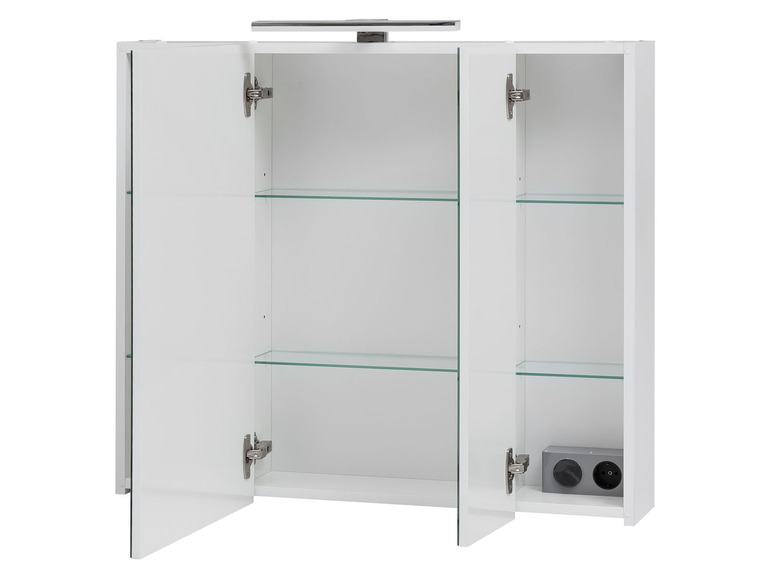 Armoire de salle de bain blanche avec portes miroir et étagères en verre.