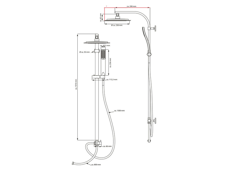 Plan technique d'une pomme de douche avec barre de douche