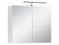 Une armoire de salle de bain blanche avec des portes en miroir et un éclairage intégré.