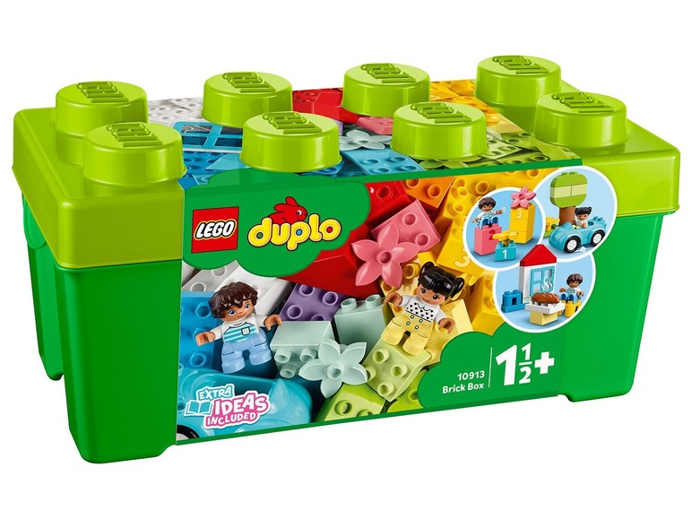 LEGO Duplo briques de construction avec des figurines et une boîte de rangement verte.