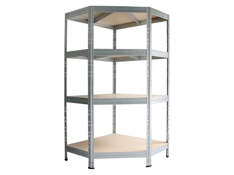 Une étagère en métal d'angle avec trois tablettes.