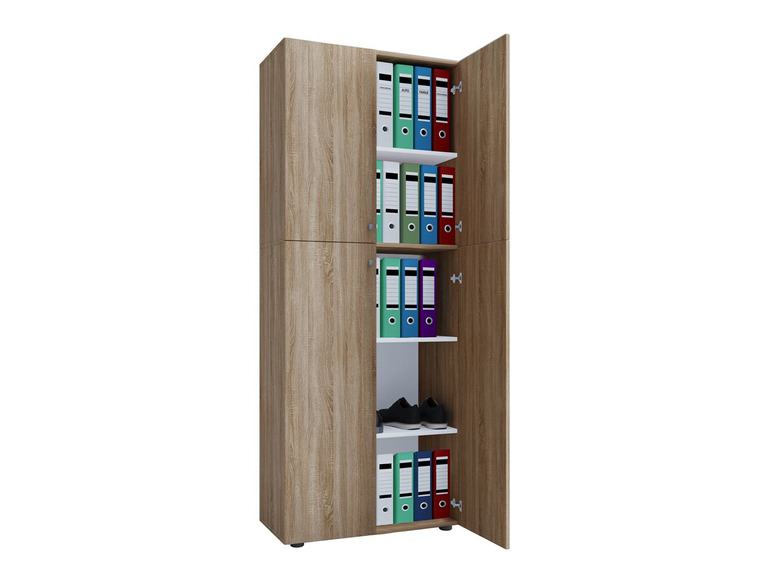Une armoire en bois avec des portes ouvertes, remplie de classeurs et de chaussures.